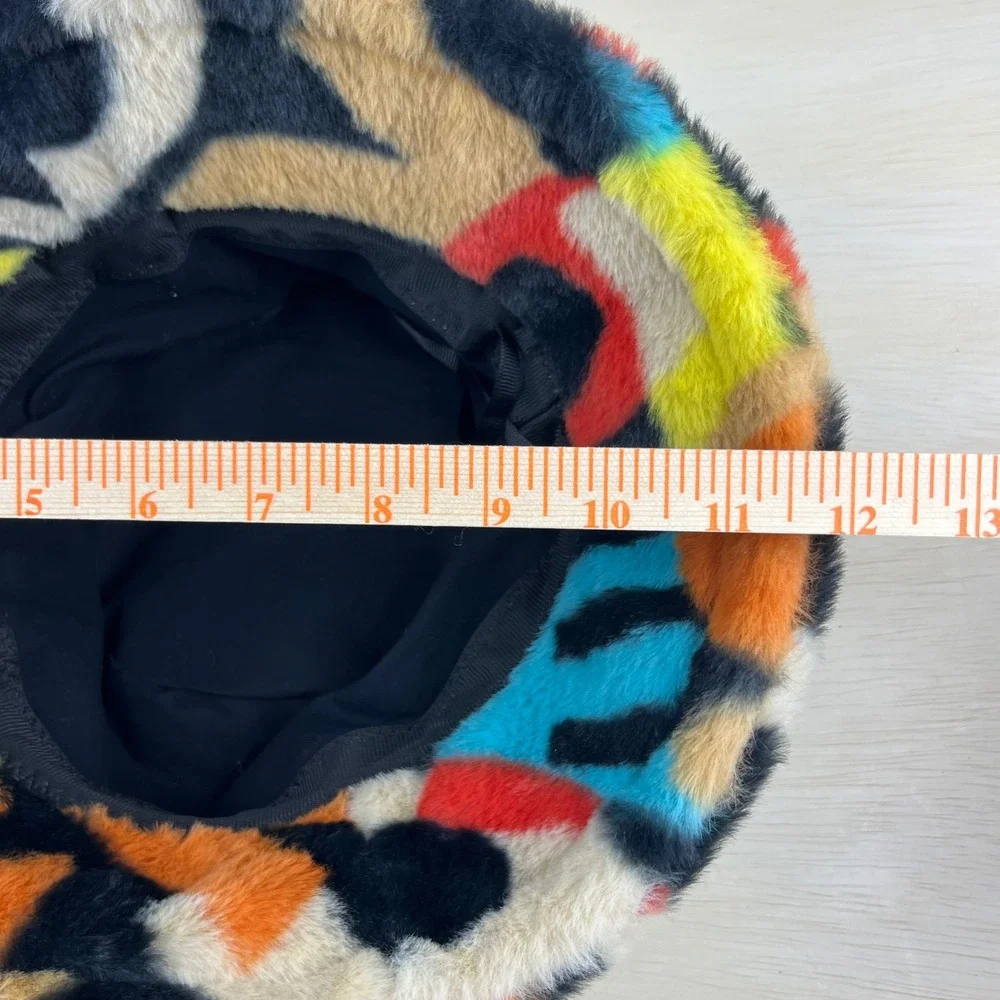 Multicolor Faux Fur Bucket Hat Abstract Pattern Streetwear Plush Winter Cap